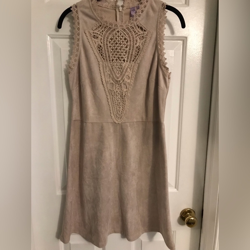 Alya tan suede dress with front lace detail